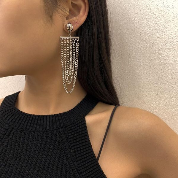 

dangle & chandelier luxury metal long tassel drop earrings for women fashion exaggerated alloy chain geometric punk hanging earring jewelry, Silver