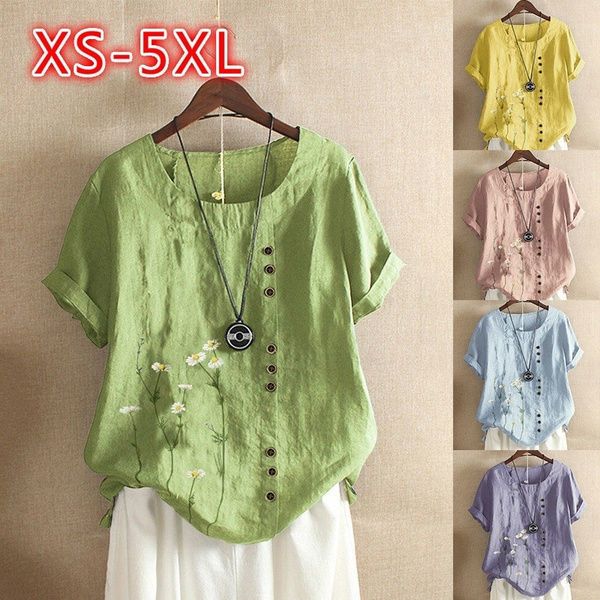 

cotton and linen printed t shirt women's summer loose t shirt shirts, White