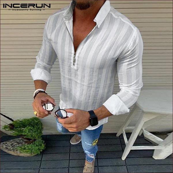 

men's casual shirts incerun fashion men striped shirt long sleeve zipper lapel streetwear blouse slim leisure brand mens 2021 s-5xl, White;black
