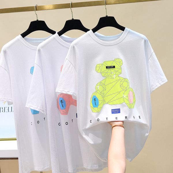 

t-shirts women men's r t-shirt summer loose fashion printing europe and america high street pink bear casual short sleeve, White