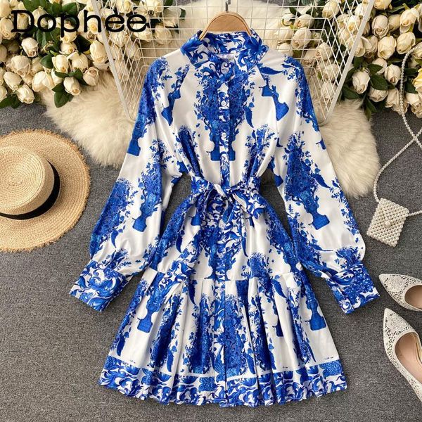 

casual dresses court style vintage printed dress 2021 spring/summer graceful stand collar long sleeve belt slim waist holiday mini, Black;gray