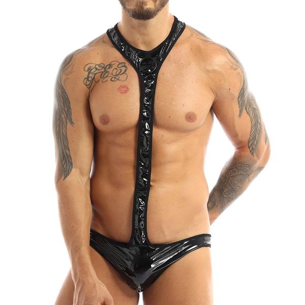 

one-piece suits male latex bodysuit for mens faux leather body stocking open buwrestling singlet gay jockstraps costumes clubwear