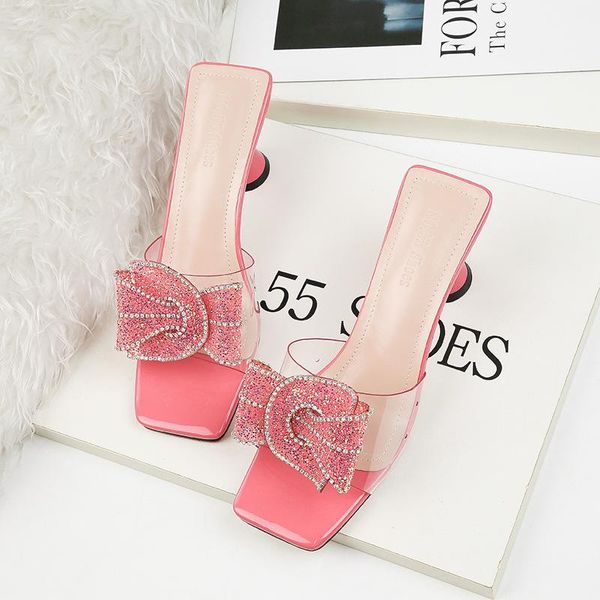 

slippers women's shoes 2021 summer style bow outer wear fashionable one-line high-heeled sandals and, Black