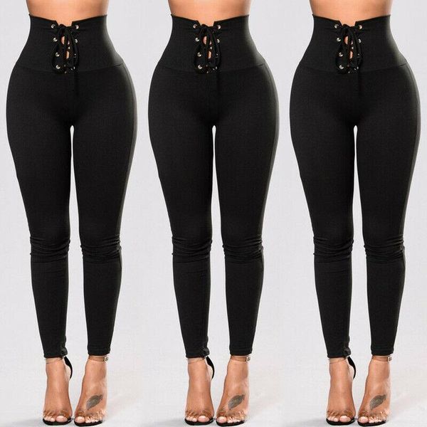 

women's pants & capris women lady pencil stretch casual jeggings skinny high waist slim trousers drawstring, Black;white