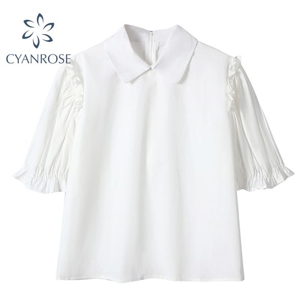 Camicette a maniche corte con risvolto a sbuffo Top Donna Estate Bianco Viola Camicie eleganti da donna larghe da ufficio Donna Rok Street Blusas 210417