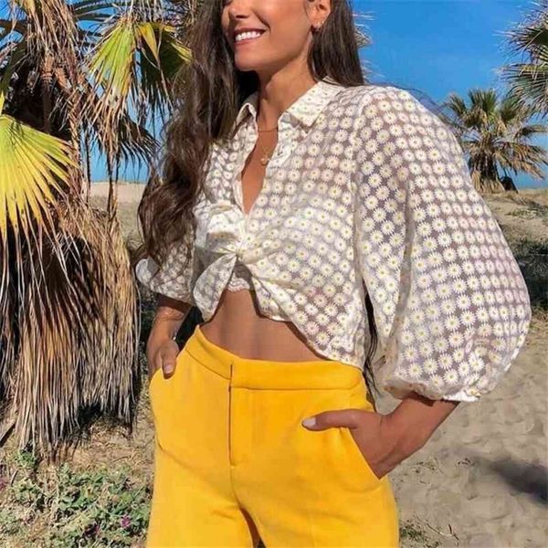 

casual woman white printed seethrough shirts spring fashion ladies hollow out female blouses 210515