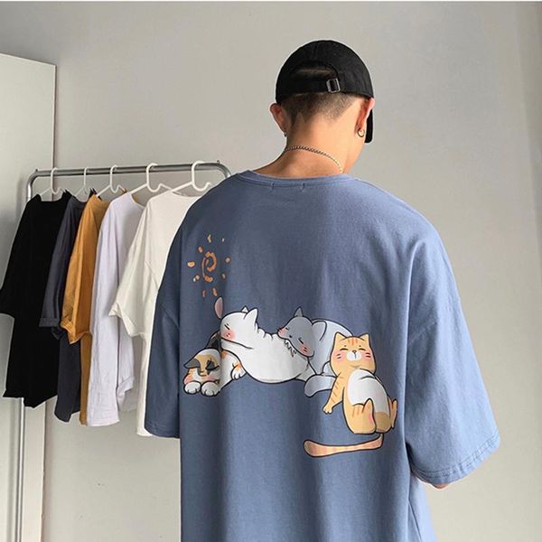 

men's t-shirts harajuku summer kawaii cartoon print t shirts vintage korean version trend all-match clothes casual hip hop creative str, White;black