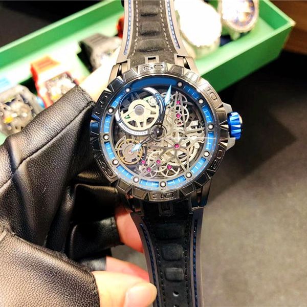 

watches luxury men's watch transparent skeleton fully automatic mechanical movement waterproof design real leather strap 47mm aaa, Slivery;brown