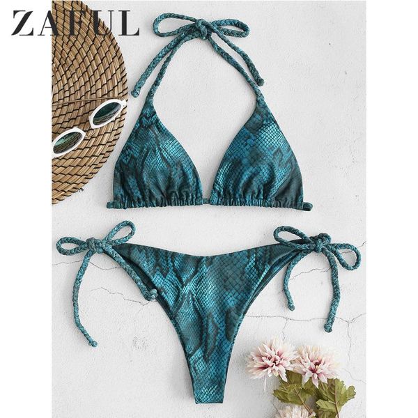 

women's swimwear zaful snakeskin print braided halter bikini set women wire low waisted padded string bathing suit summer tie side, White;black