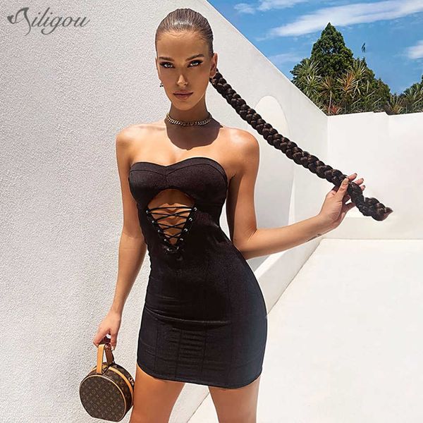 

summer women's fashion mini strapless hollow bandage dress sleeveless black club celebrity party 210527, Black;gray
