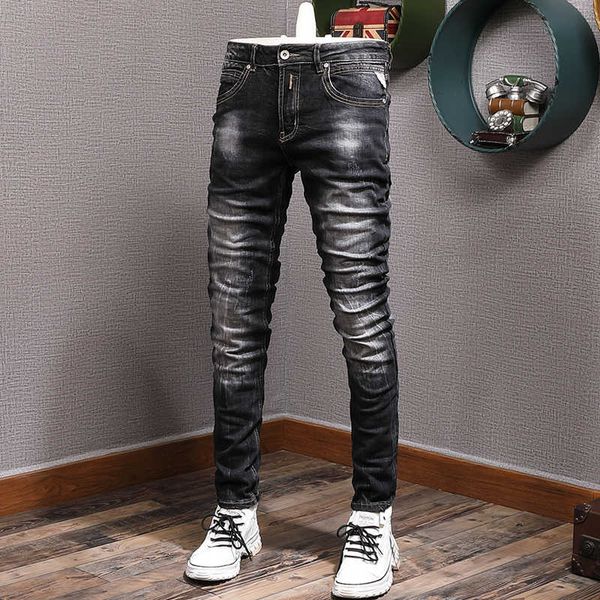 

italian vintage fashion men jeans retro black gray elastic slim fit ripped korean casual denim pants db50, Blue