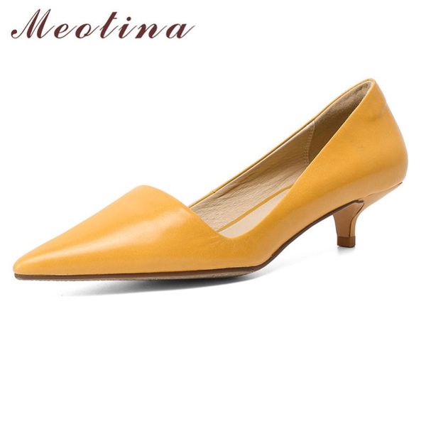 

meotina cow leather shoes women mid heel pumps real pointed toe office ladies stiletto heels shallow footwear 40 dress, Black