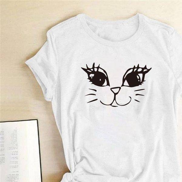 

aesthetic cat womens face print women t shirts cotton casual cute funny shirt summer tees femme mujer camisetas, White