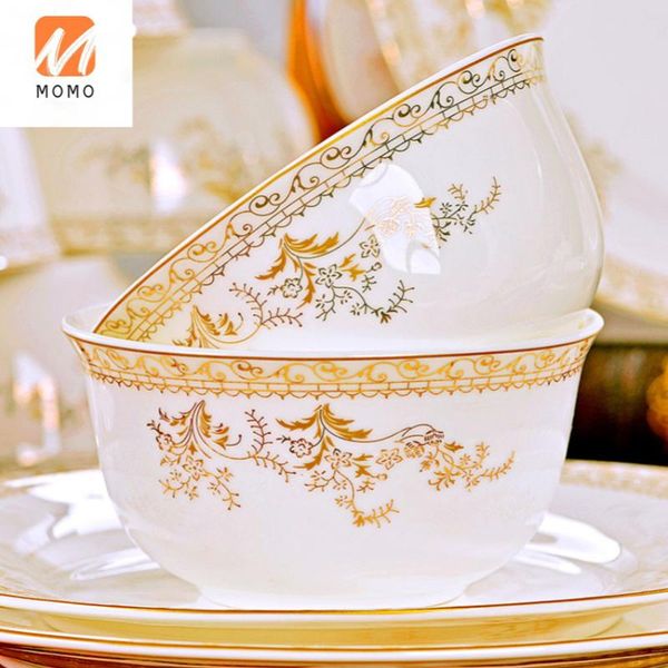 

household jingdezhen ceramic tableware 56-head golden edge bowl and chopsticks bone china eating plate set storage bottles & jars