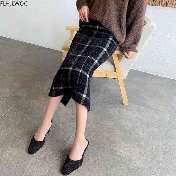 

skirts womens winter spring thick warm knitting high waist pencil split plaid skirt o2923 th2w, Black