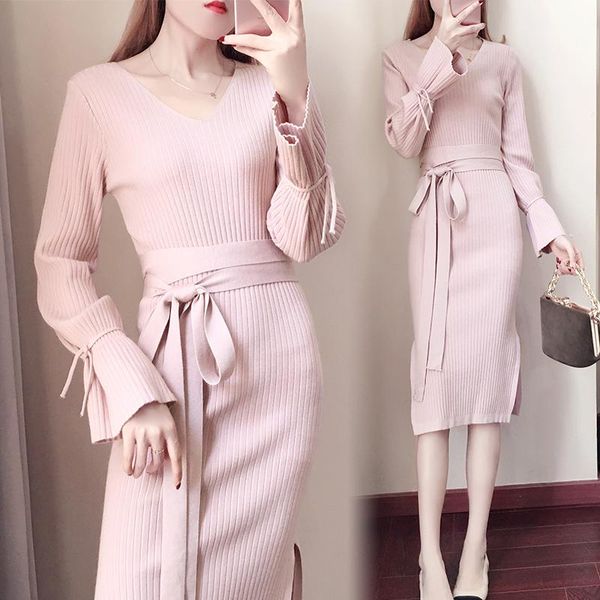 

casual dresses winter horn sleeve long sweater knitted dress v neck women knit vestidos with belt design clothes cutout bodycon outfit, Black;gray