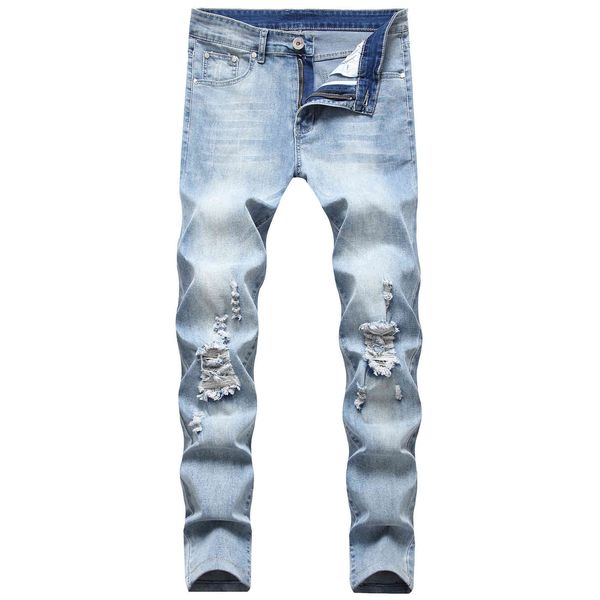 

fashion jeans men's high stretch hole slim, Blue