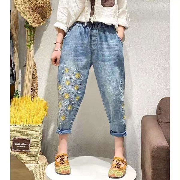 

women's jeans arrival summer women loose casual elastic waist ankle-length pants cotton denim flower embroidery harem w355 qzci, Blue