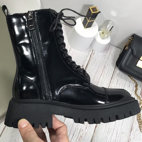 

womens designer patent leather martin boot autumn and winter fashion zipper lace-up ankle boots, Black