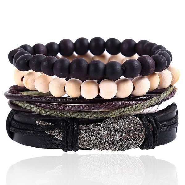 

charm bracelets 4pcs/set hippie punk wing black leather brown green cord knots wrap beige wood bead bangles for man hand jewelry, Golden;silver