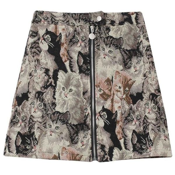 

high waist skirt with buttocks a-line retro print zipper sweet fresh short kirt fashion women skirts, Black