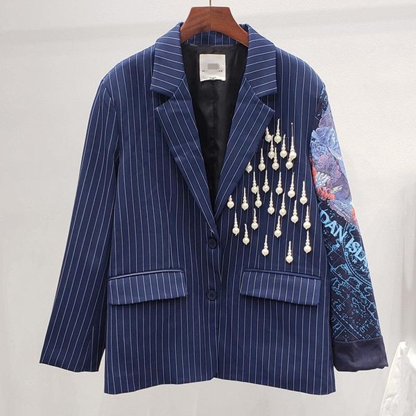 

seebeautiful tide fashion 2021 spring striped pearl tassel notched neck long sleeve button loose coat single suit women w449 women's su, White;black