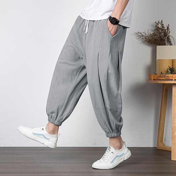 

linen embroidered capris men's chinese style loose fashion casual pants summer size wide leg knickerbockers harem, Black
