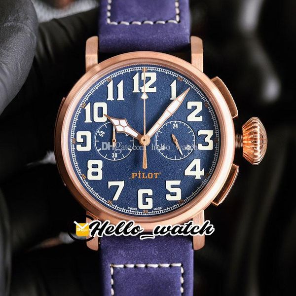 47mm tamanho grande mostrador azul miyota quartzo cronógrafo relógio masculino caixa de ouro rosa marcadores brancos topwatch pulseira de couro azul relógios esportivos de alta qualidade Hello_Watch F07A (7)