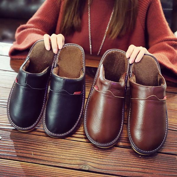 

slippers genuine leather cotton 2021 winter women soft bottom non-slip lovers indoor cowhide warm 35-461, Black