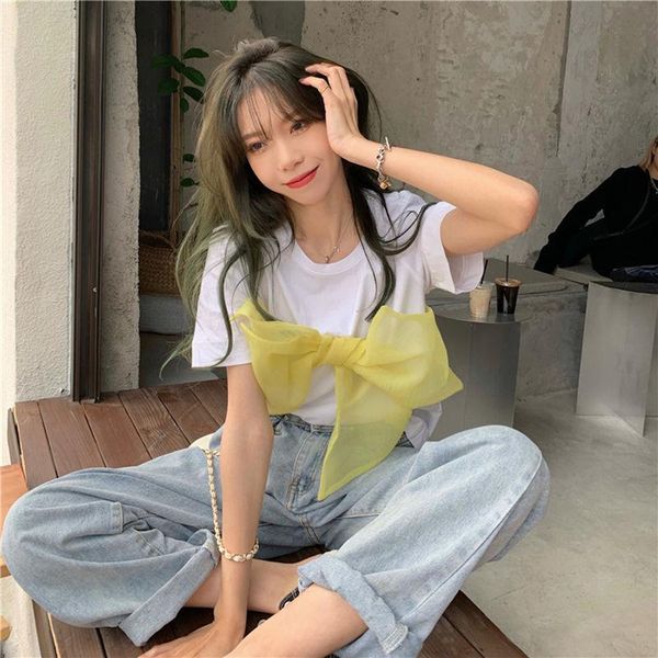 

women's t-shirt summer korean version 2021 design feeling bowknot age reducing foreign style loose versatile short sleeve, White
