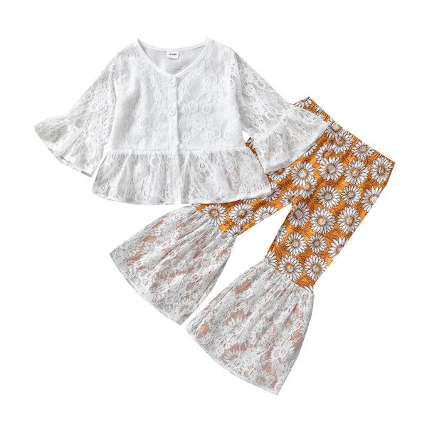 

clothing sets 1-6y toddler kids baby girl long sleeve lace shirt sunflower flared pant bell bottom 2pcs girls set, White