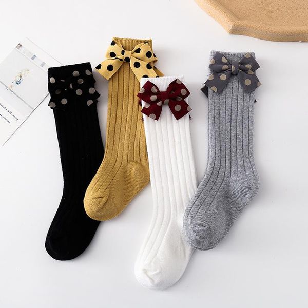 

socks cute bow baby spring autumn born girl knee high dot solid color soft cotton toddler kids 0-3years, Pink;yellow