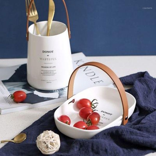 

storage bottles & jars european leather handle ceramic chopsticks barrel square plate/disc salad bowl kitchen decorative tray container boxe