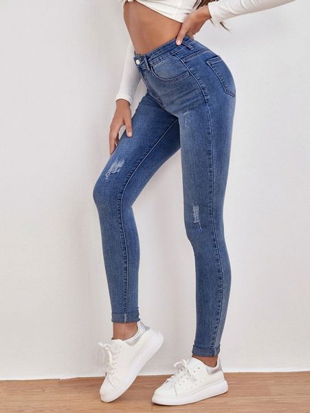 

high waist ripped detail skinny jeans z6go#, Blue