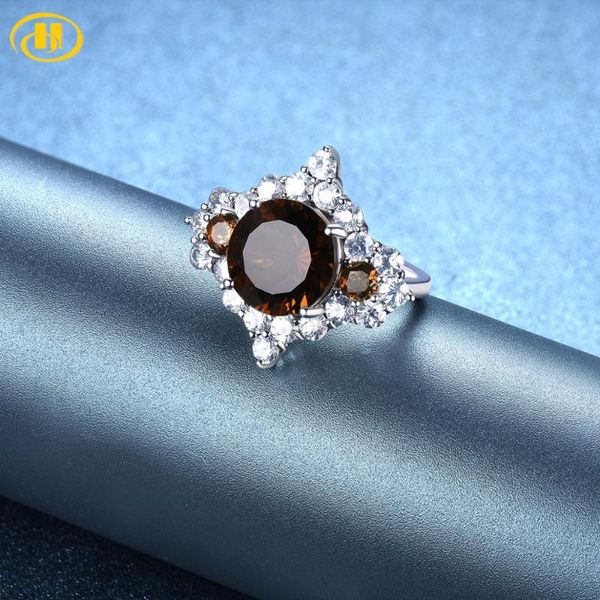 

cluster rings hutang engagement wedding ring jewelry natural gemstone rd 12mm smoky quartz solid 925 sterling silver fine jewellry gift whol, Golden;silver