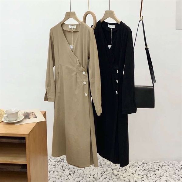 

midi dress women long sleeve shirt back lace up bow v-neck slim party vestidos solid color korean fashion 210421, Black;gray