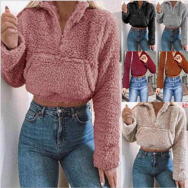 

women's & women designer fleece lapel neck long sleeve woman sweatshirts casual solid color ladies short hoodies, Black