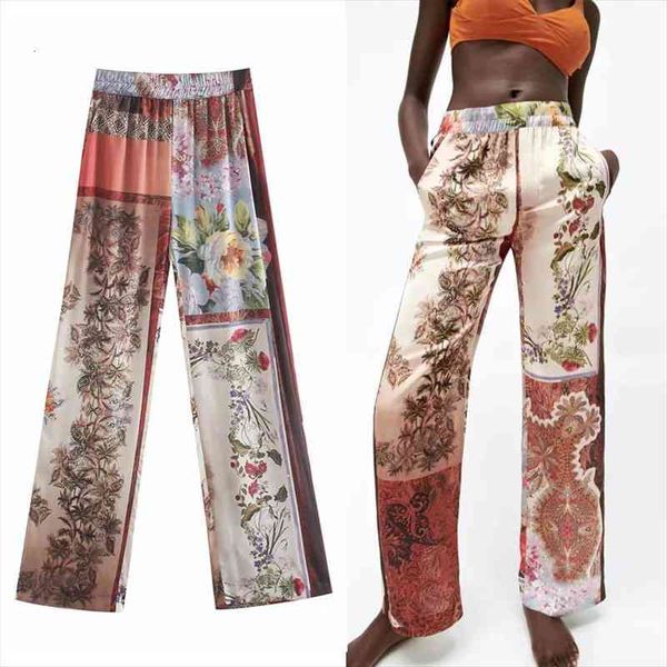 

za patchwork print trousers women pants high waist vintage floral straight female summer, Black;white