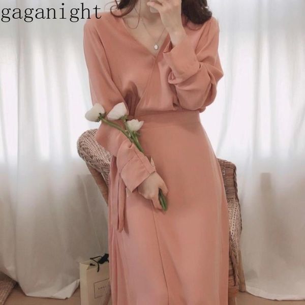 

casual dresses gaganight korean chic v neck slim waist temperament dress high hip solid straight vestido long sleeve ropax2950, Black;gray