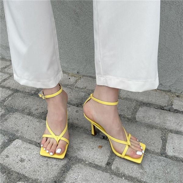 

sandals monmoira narrow band brand design summer women square open toe high heels buckle strap ladies shoes tq1h, Black