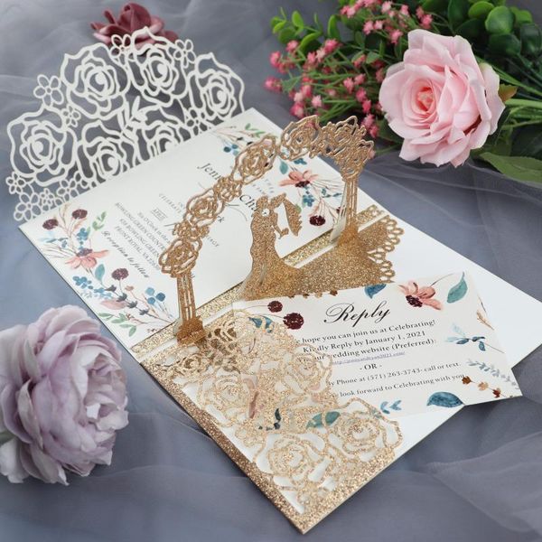 

greeting cards laser cut wedding invitations with envelopes 10sets 3d 5.2 * 7.2 inch gold glitter rose kit