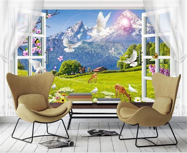 

wallpapers custom size 3d po wallpaper mural living room window snow mountain grassland picture sofa tv backdrop for wall