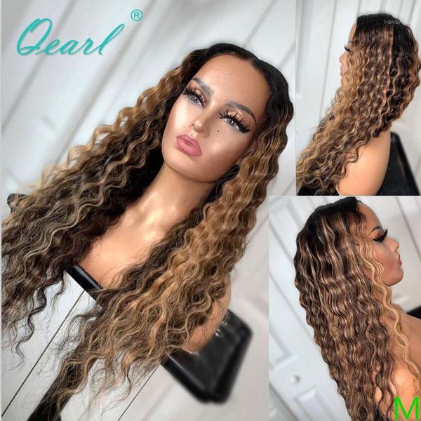 

ombre blonde highlights human hair wig water wave 13x4/13x6 lace front wigs with baby hairs brazilian remy 150% qearl1, Black;brown