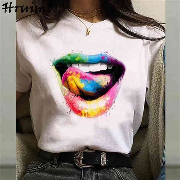 T-shirt Frauen Kurzarm Oansatz Lippen Druck Plus Größe Casual Tops Mode Streetwear T-shirt Gestrickte Online Chinese Store 210513