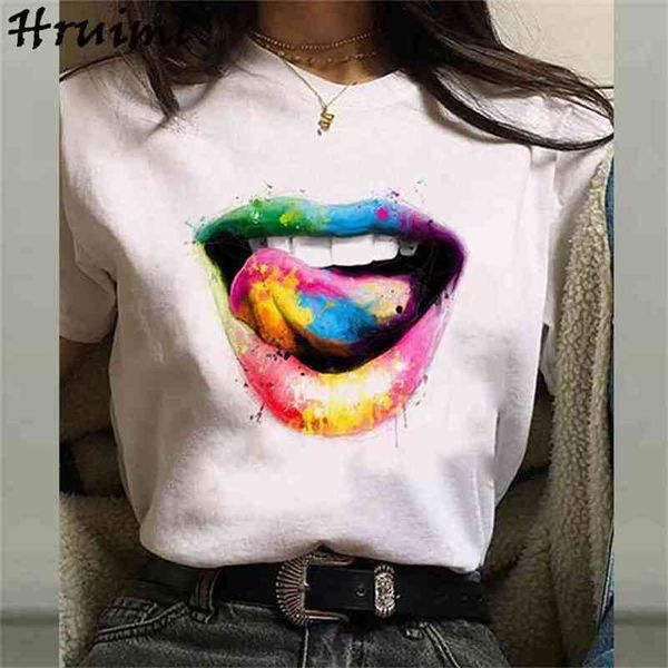 

tshirt women short sleeve o-neck lips print plus size casual fashion streetwear t-shirt knitted online chinese store 210513, White