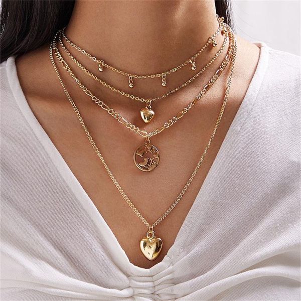 

pendant necklaces lxy-w vintage fashion boho golden heart-shaped round earth necklace for women 2021 multilevel choker chains jewelry gift, Silver