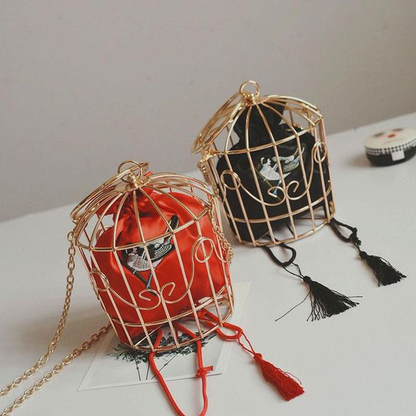 

storage bags women's birdcage evening bag clutch metal frame embroidery bucket bird cage mini purse women gold tassel handbag