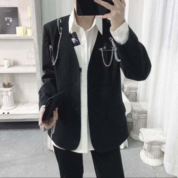 

men's suits & blazers collarless suit men jacket korean slim pintle chain two-color casual hairstylist 2021 spring original design sect, White;black