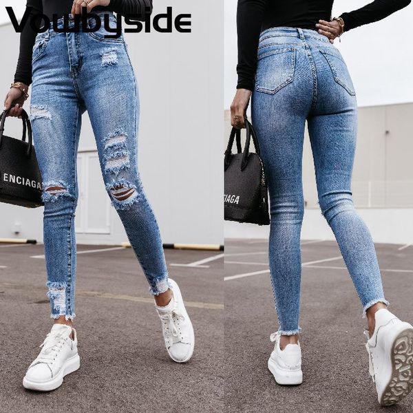 

women's jeans women's casual hole slim feet denim trousers pencil pants, Blue