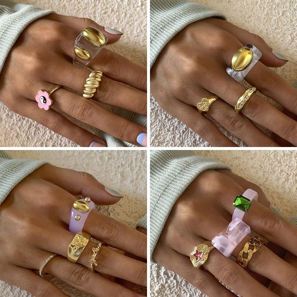 

cluster rings cosysail 4pcs/set ins thick transparent resin acrylic ring set for female metal geometric irregular vintage jewelry 2021, Golden;silver